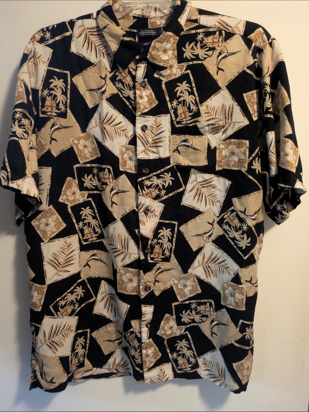 Consensus Vintage Hawaiian Tropical Palm & Marlin ButtonUp Shirt Men's 2XT Flaw